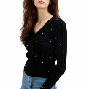 H&M Rhinestone Embellished Ribbed Thick Knit V-Neck button front Cardigan